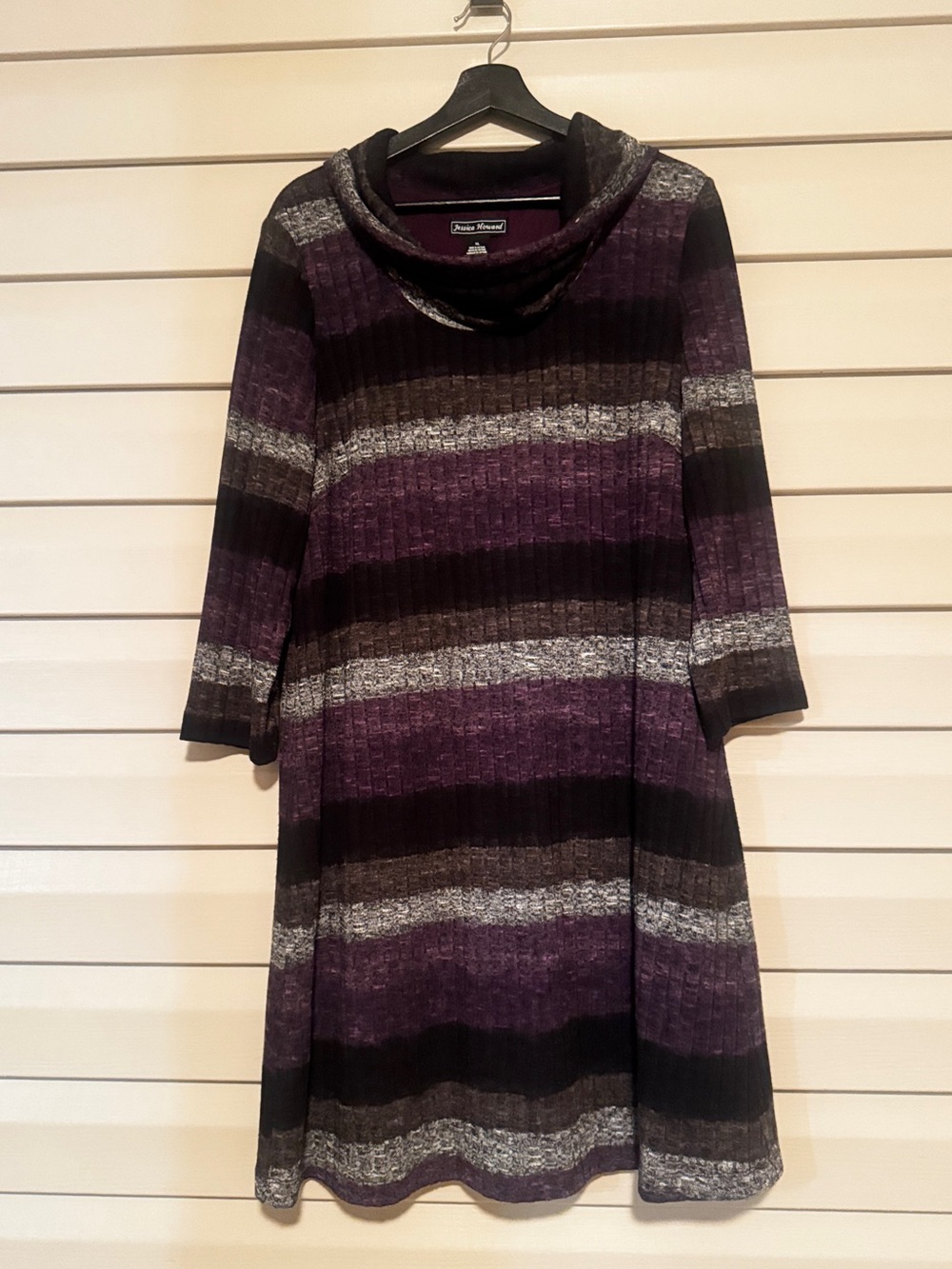 Jessica Howard Striped Cowl Neck Knit Sweater Dress XL Fully Lined Purple Gray